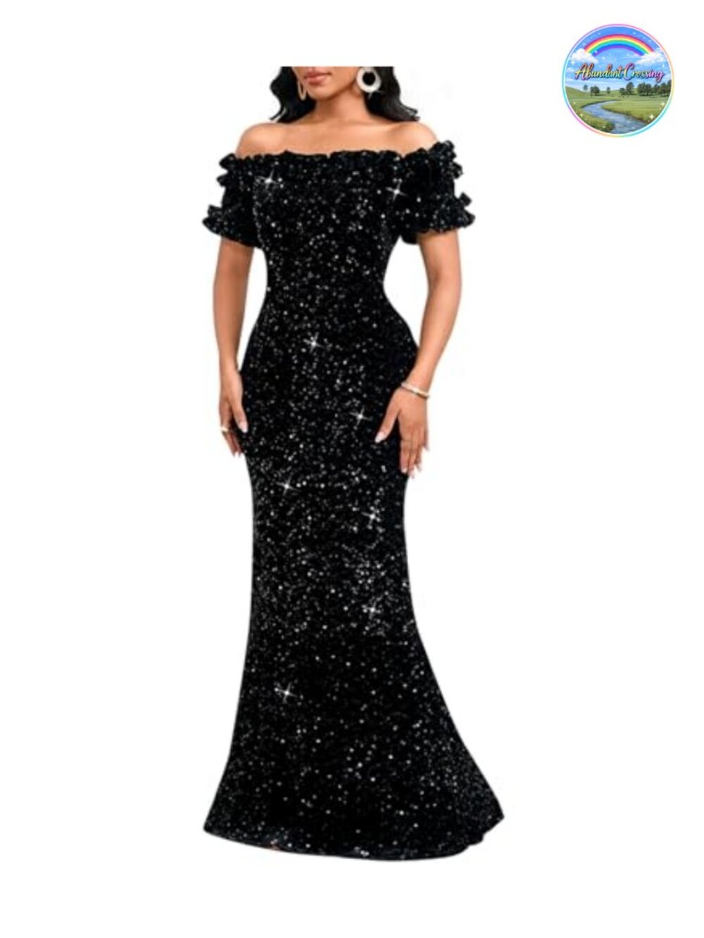 Women Sequin Off Shoulder Ruffle Sleeve Bodycon Mermaid Formal Evening Maxi